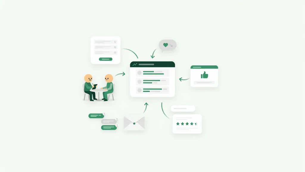 Customer feedback collection methods using surveys, interviews, reviews, support and in-app feedback