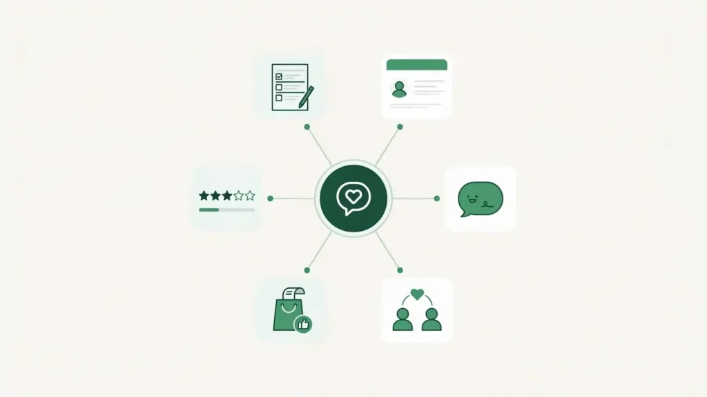 Different types of customer feedback including surveys, reviews, ratings and customer comments